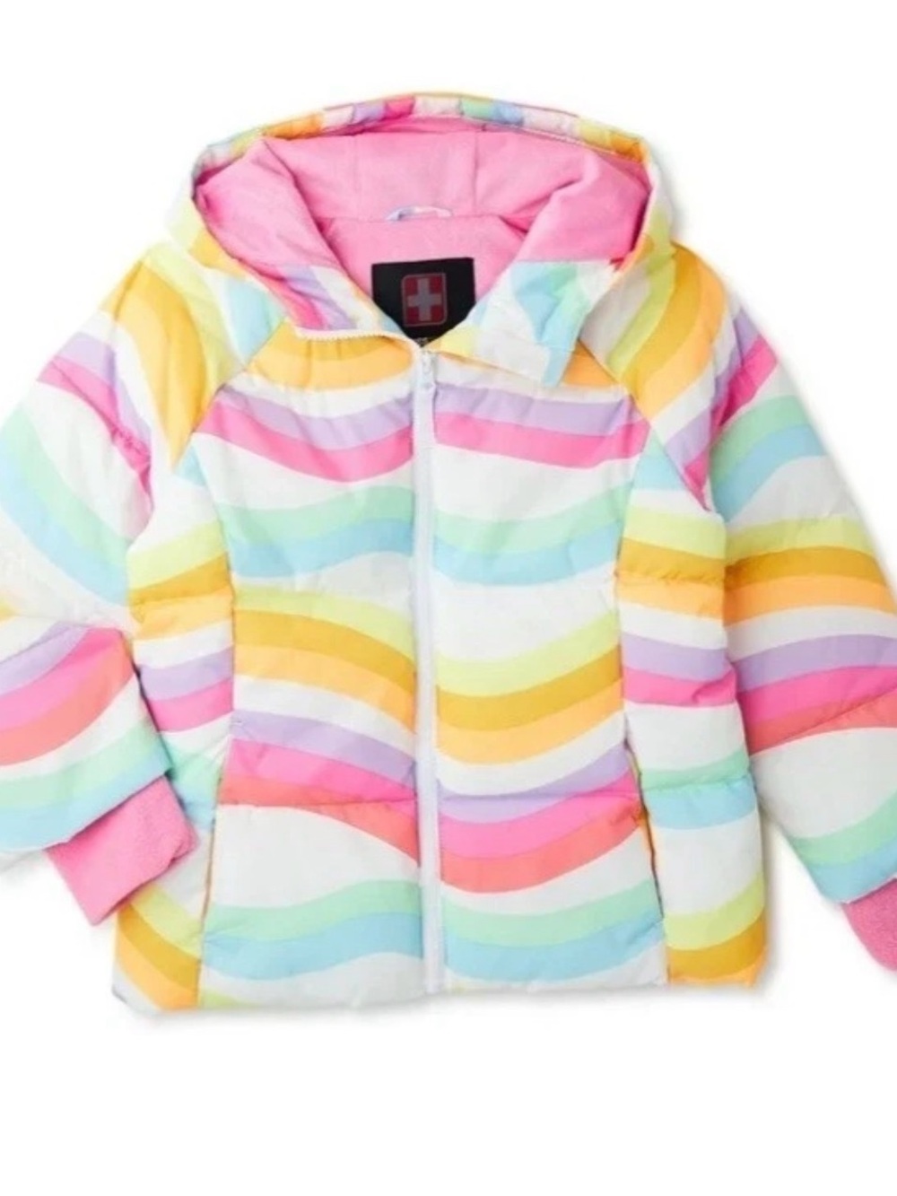 Swiss Tech Rainbow Stripe Puffy Jacket with Pink Hood